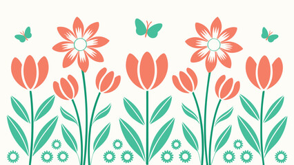 A charming floral arrangement featuring tulips, daisies, and butterflies, all rendered in a delightful folk art style isolated on white background