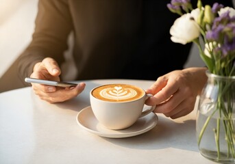 Latte Art Coffee Cup with Smartphone and Flowers on Caf&eacute; Table.
