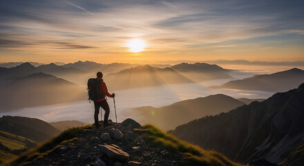Lone hiker silhouetted against majestic mountain sunrise adventure
