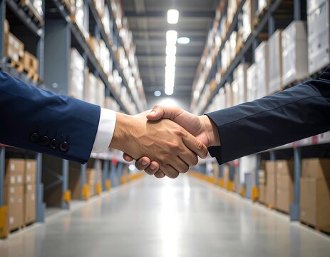 Business handshake in warehouse - Powered by Adobe