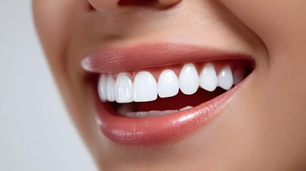 Obraz premium Close-up of a woman's face, displaying a warm, inviting smile with perfectly aligned, pearly white teeth and healthy, glowing skin.