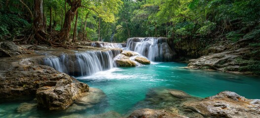Lush waterfall cascading into turquoise pool