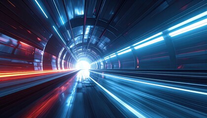 Obraz premium Abstract Metallic Tunnel with Blue and Red Lights Reflecting on the Floor Dark Futuristic Passage Interior Background with Sci-Fi Concept and Technology Glow