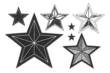 Collection of varying black and white star illustrations with different textures and line styles shown