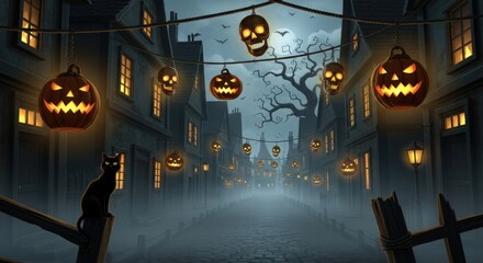 Halloween night scene with glowing pumpkins and black cat in haunted town