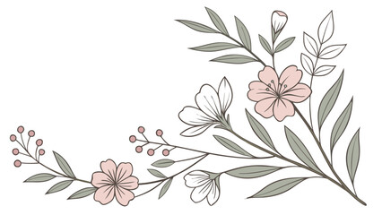Elegant floral corner isolated on white background featuring delicate blossoms and leaves, perfect for adding a touch of sophistication to designs