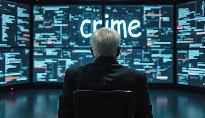 High-Tech Surveillance: Senior Officer Monitors Crime on a Glowing Video Wall