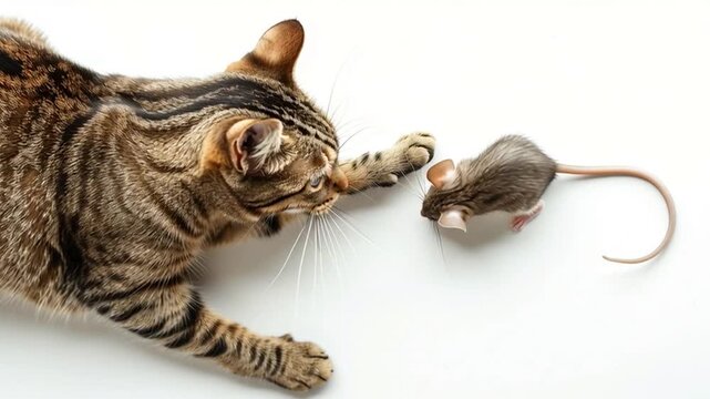 Closeup of a cat and mouse concept on a white background. Predator and prey in studio setting