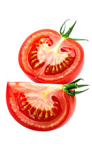 Two slices of a red tomato, stacked vertically, showing the juicy interior