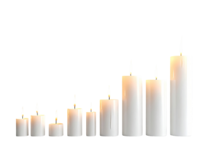 Various sized, white pillar candles.  Flameless, glowing light.  Display