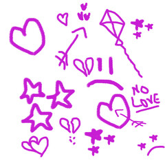 Purple handmade doodles art illustration isolated on white background. No love, heart break, stars and heart handmade doodles art.