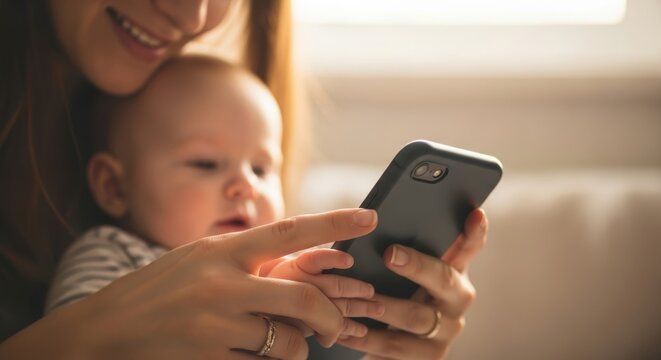 Young caucasian mother and baby engaging with smartphone at home