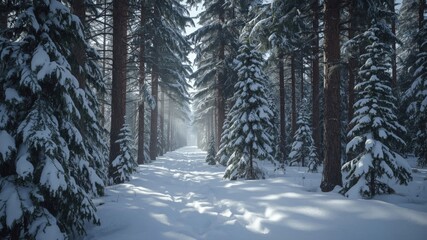 Snow-covered path, surrounded by trees