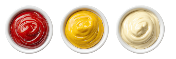 Three small white bowls filled with condiments