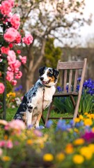 Dog in a garden full of flowers