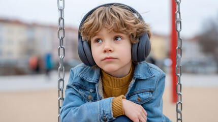 Boy with headphones sitting on swing in outdoor playground looking thoughtful