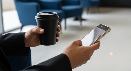 Businessman Holding Coffee Cup and Smartphone in Modern Office.