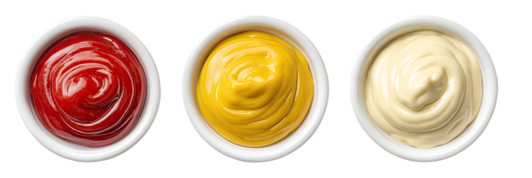 Three small white bowls filled with condiments