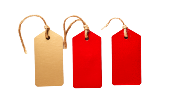 Colorful blank tags in various shapes and sizes, showcasing a vibrant palette for labeling, pricing, or crafting purposes in creative projects. Isolated on transparent background. PNG, cutout.