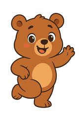 Fototapeta premium Charming Waving Brown Cartoon Bear Illustration: A Happy, Friendly, and Adorable Character with a Big, Welcoming Smile, Rosy Cheeks, and an Upraised Paw, Standing Joyfully, Ideal for Kids' Content, Di