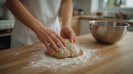 close up of hands making bread dough