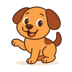 Obraz premium Joyful brown puppy cartoon character illustration with big happy eyes, floppy ears, and a raised paw, exuding cheerful charm on a dark background with a soft glowing spotlight, ideal for children's co