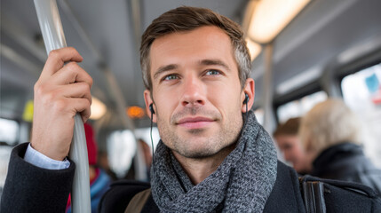 Young man riding city bus wearing scarf and earphones, holding vertical handrail during commute