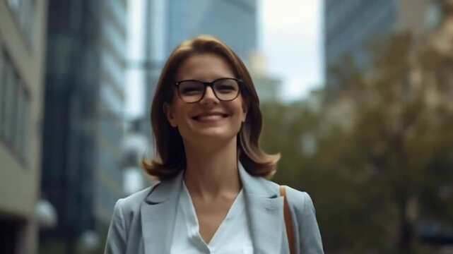 a woman in a business suit and glasses. She is wearing a light jacket and a white blouse. The woman looks pleased and smiles as she walks down the street.