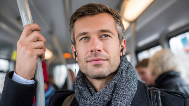 Young man riding city bus wearing scarf and earphones, holding vertical handrail during commute