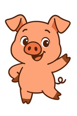 Fototapeta premium Cute cartoon piglet, pink, waving, smiling. Adorable farm animal illustration for children. Cheerful swine graphic, perfect for kids' room decor, books, and playful themes. Friendly hog on warm brown