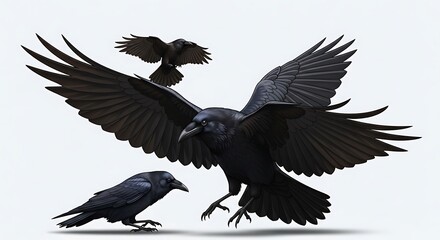 Obraz premium Three detailed illustrations of ravens in flight and one on the ground, set against a plain background.