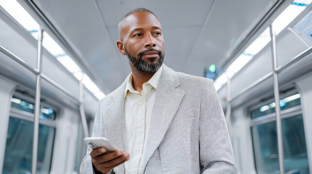 Stylish businessman commuting on train using smartphone in modern public transportation - Powered by Adobe