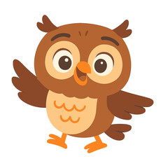 Fototapeta premium Cute animated brown owl, big eyes, open beak, waving wing, glowing feet. Perfect for children's books, education, playful branding. This cheerful character radiates pure joy and whimsical charm, ideal