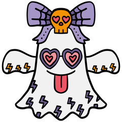 halloween illustration. Cartoon ghost with heart eyes, skull bow, and lightning bolt patterns.
