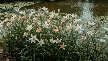 a group of lilies growing on the edge of a lake