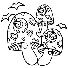 halloween illustration. Three cartoon mushrooms with eyeballs and hearts, accompanied by flying bats.
