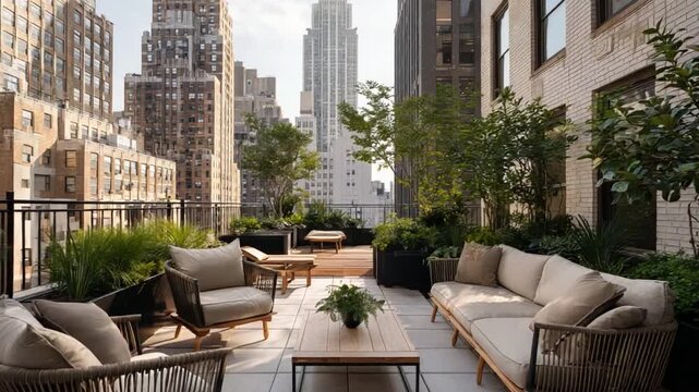 Urban Oasis: Luxurious rooftop garden terrace with stylish modern furniture and vibrant plants offering a tranquil escape amid a bustling cityscape.