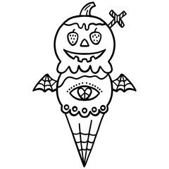 halloween illustration. Halloween-themed ice cream cone with spooky eyes, wings, and a sword.