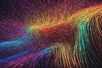 Rainbow fiber optic strands glowing in futuristic digital light background