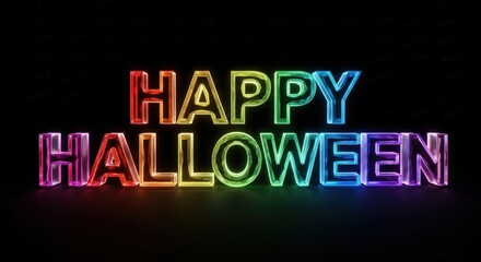 Vibrant Happy Halloween greeting with rainbow glow effect on a black background