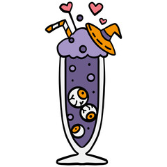 halloween illustration. Halloween-themed purple drink with eyeballs, straw, and witch hat decoration.