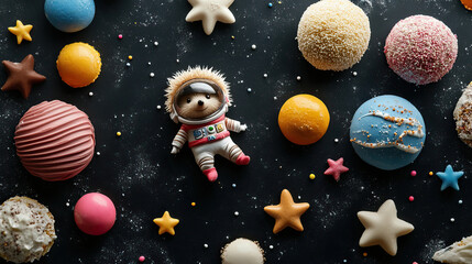 Hedgehog in tiny spacesuit floating among candy planets and star-shaped cookies