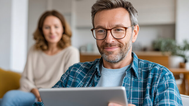 Smiling mature man using tablet at home while woman sits in background