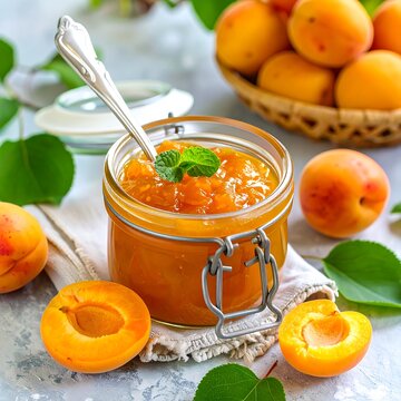Apricot jam in a glass jar, surrounded by fresh apricots