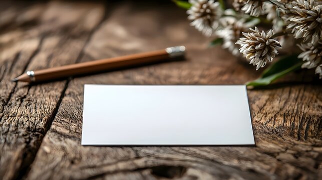 A blank white card rests on a textured wooden surface next to a pencil and delicate dried flowers suggesting a moment of thought or planning