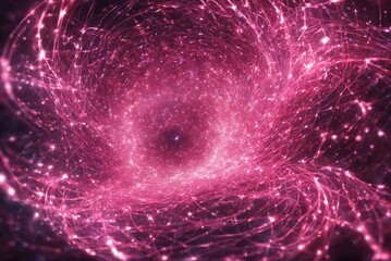 Pink glowing fiber optic vortex with luminous strands in futuristic cyberspace