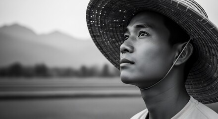 Contemplative Asian farmer in traditional hat looks to the future, cultivating rice field. Ideal for agriculture, heritage, sustainable living, and cultural concepts.