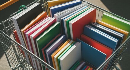 Colorful notebooks and journals fill a metal shopping cart