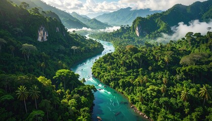 Aerial View of Turquoise River Flowing Through Lush Green Tropical Rainforest Valley in Southeast Asia Under Cloudy Sky During Daylight