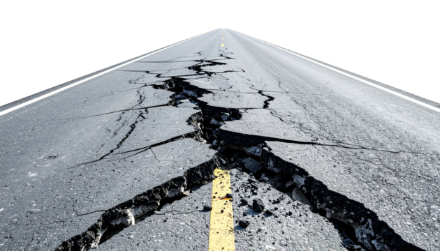 Cracked Road: A long road, its surface deeply fractured, symbolizes the fragility of structures, the challenges of infrastructure, and the impact of natural disasters.